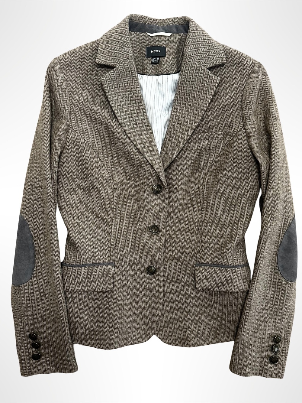 MEXX Wool Blend Tweed Blazer Jacket Elbow Patches Brown Herringbone Size 38 M